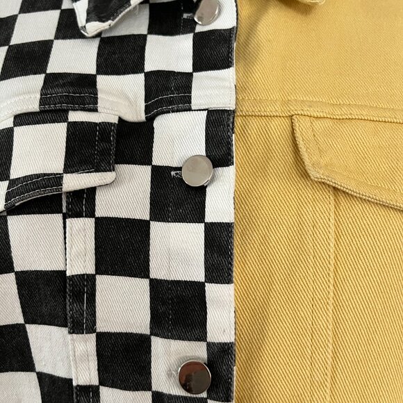 NWT M.N.I LA Sz L Black White Yellow Colorblock Cropped Stretch Denim Jacket - Picture 5 of 10